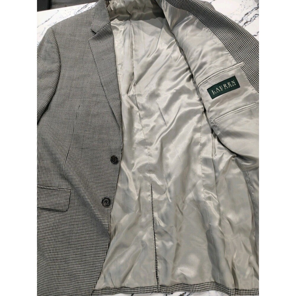Lauren Ralph Lauren Silk Wool Mini Houndstooth Blazer Mens 38R Beige Black